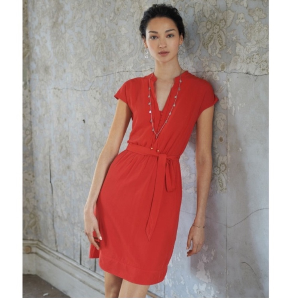 Maeve Red Ruched Wrap Midi Dress